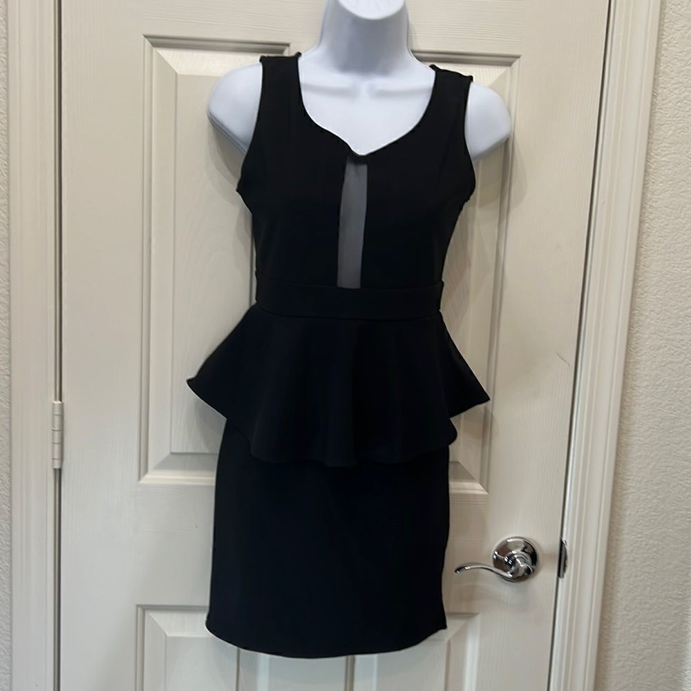 Chocolate USA Black Dress Shirt Sleeve Peplum Skirt Mini Cut Out Zipper Back